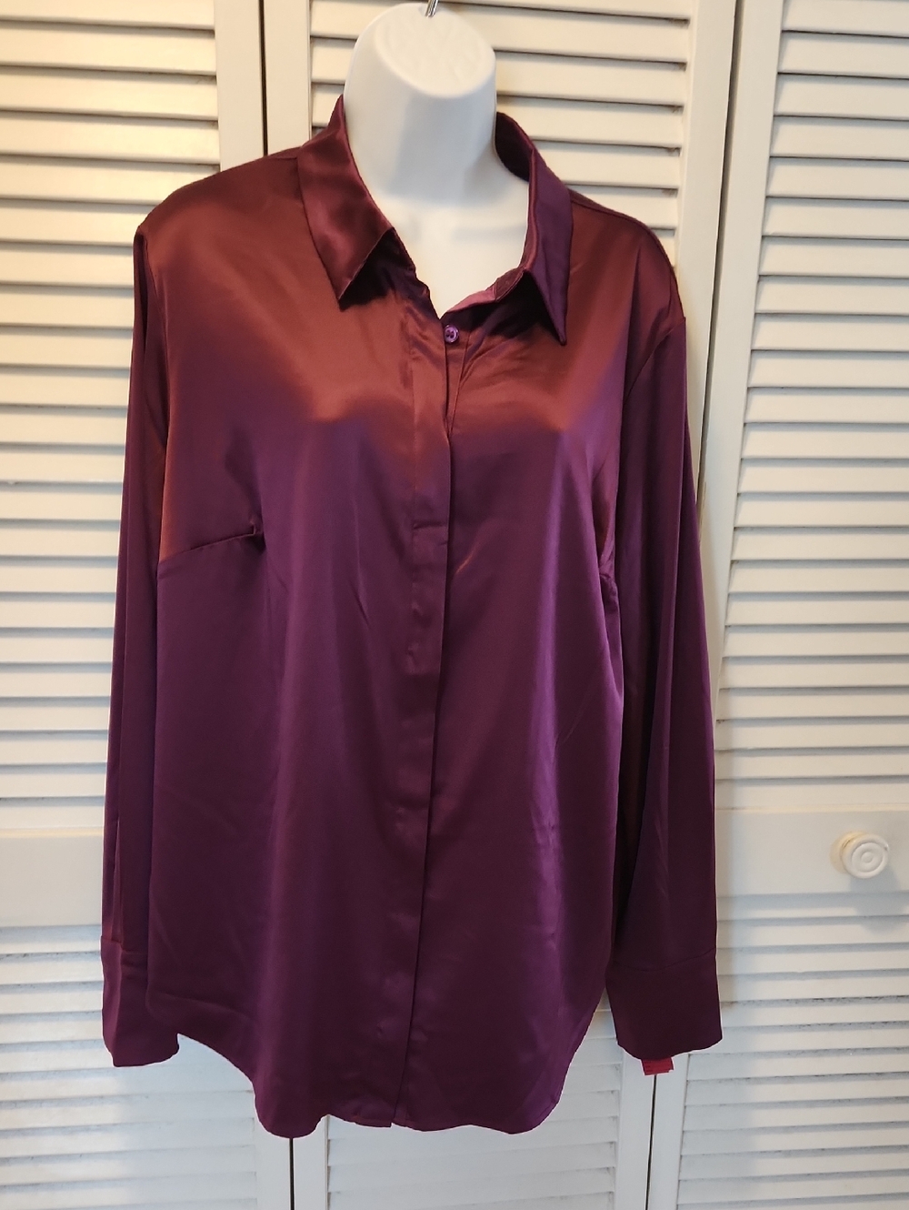 Lane Bryant Satin Button-Down Blouse in Deep Plum